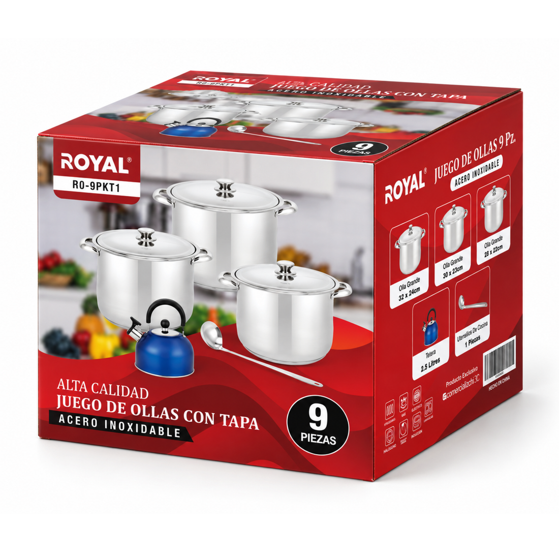 Juego de Ollas Acero Inoxidable Premium Royal Con Tetera 9 Pz.