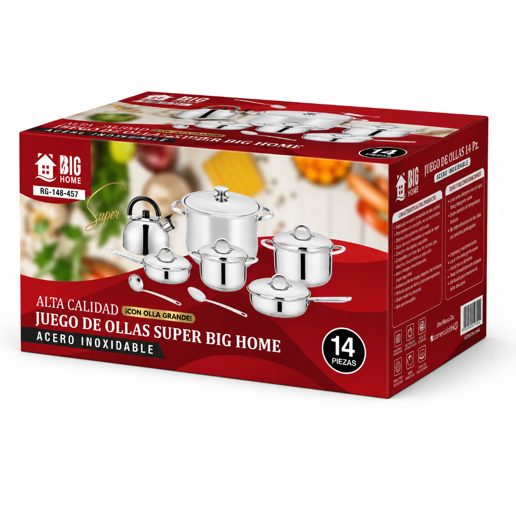 Juego de Ollas Acero Inoxidable Super Big Home Con Tamalera 14 Pz.