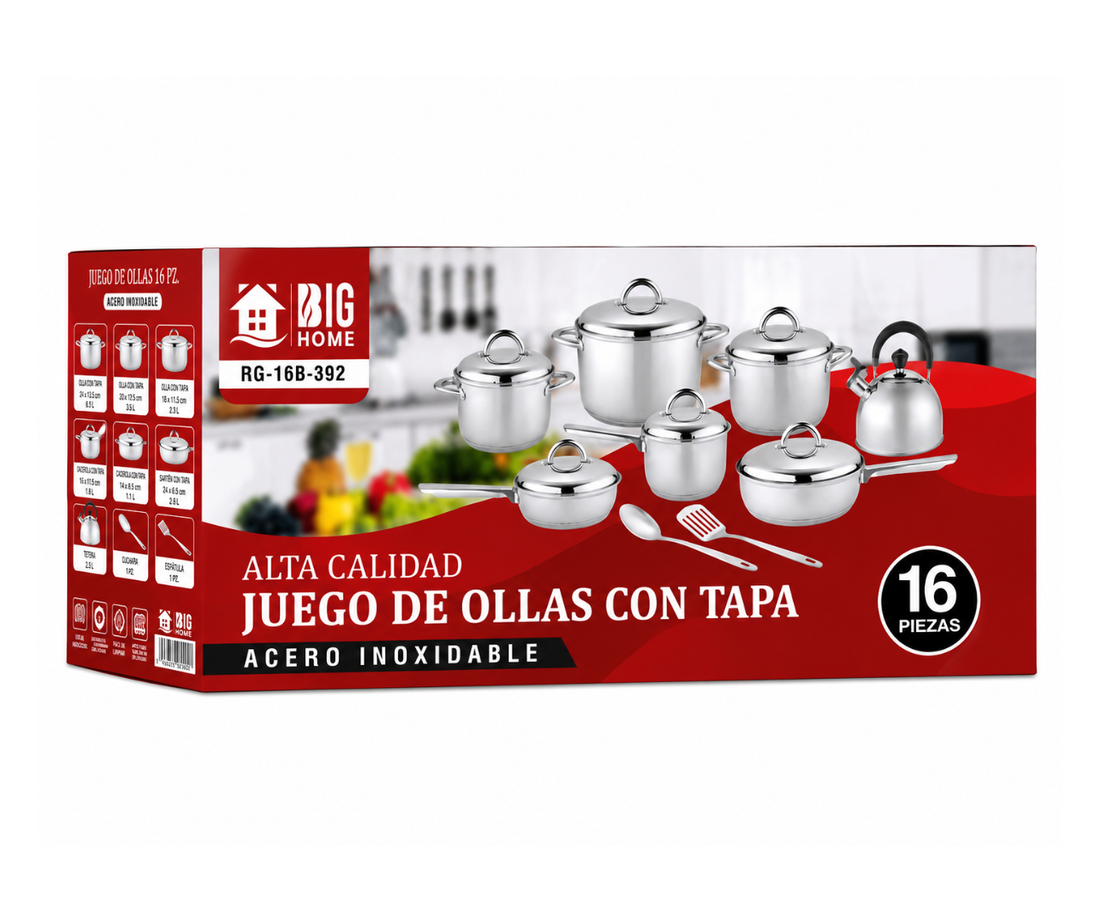 Juego de Ollas Acero Inoxidable Big Home 16 Pz.